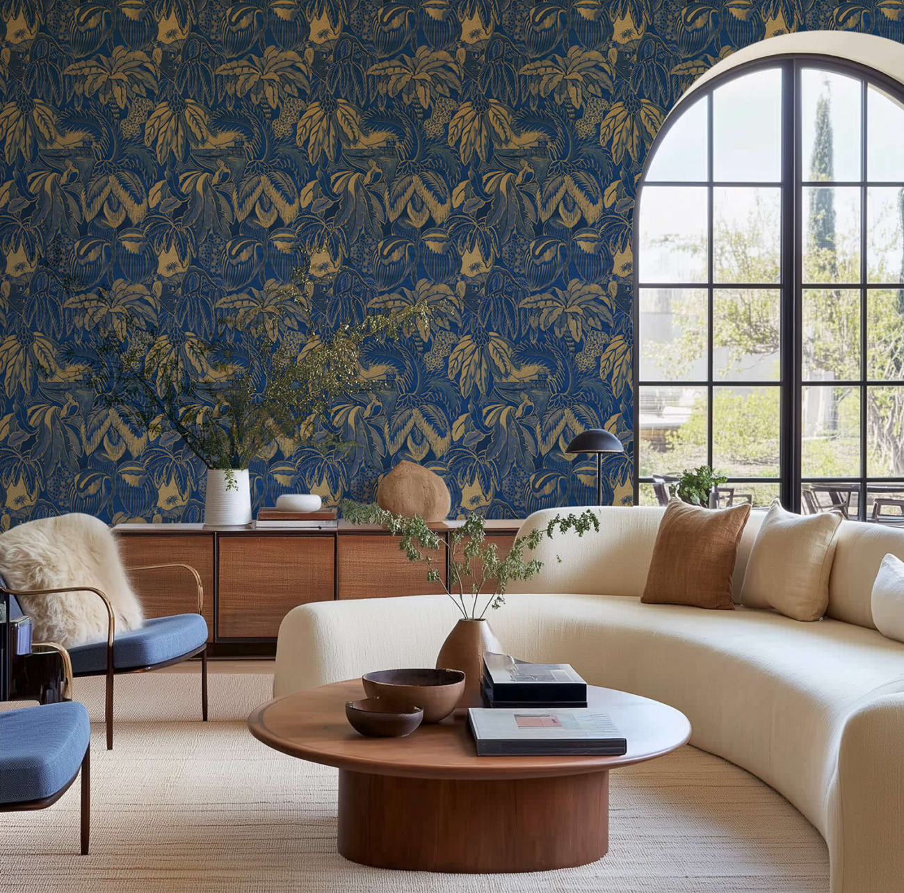 golden mirage tropical navy blue wallpaper for living room, styled in modern luxury