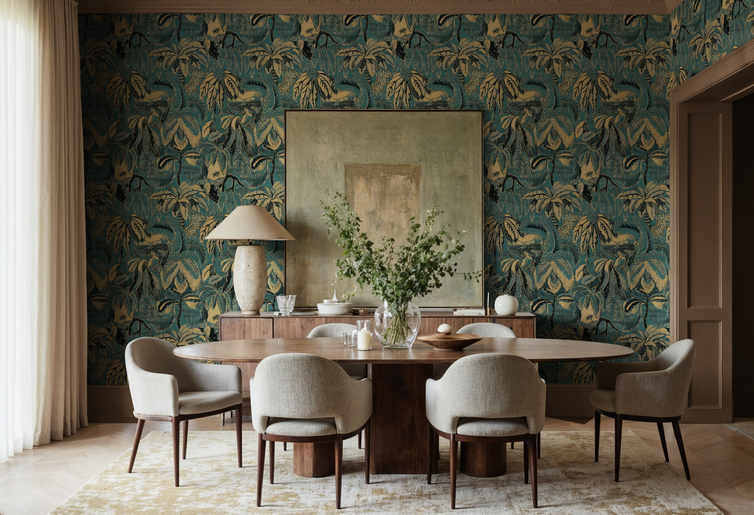 African inspired golden mirage tropical pattern wallpaper in teal in dining room