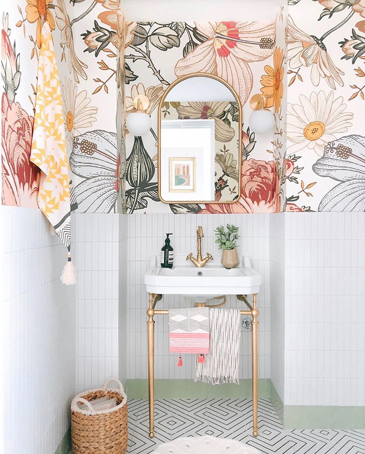 Wallpaper white floral pattern with vintage hand-painted blooms in warm earthy tones and elegant interior styling