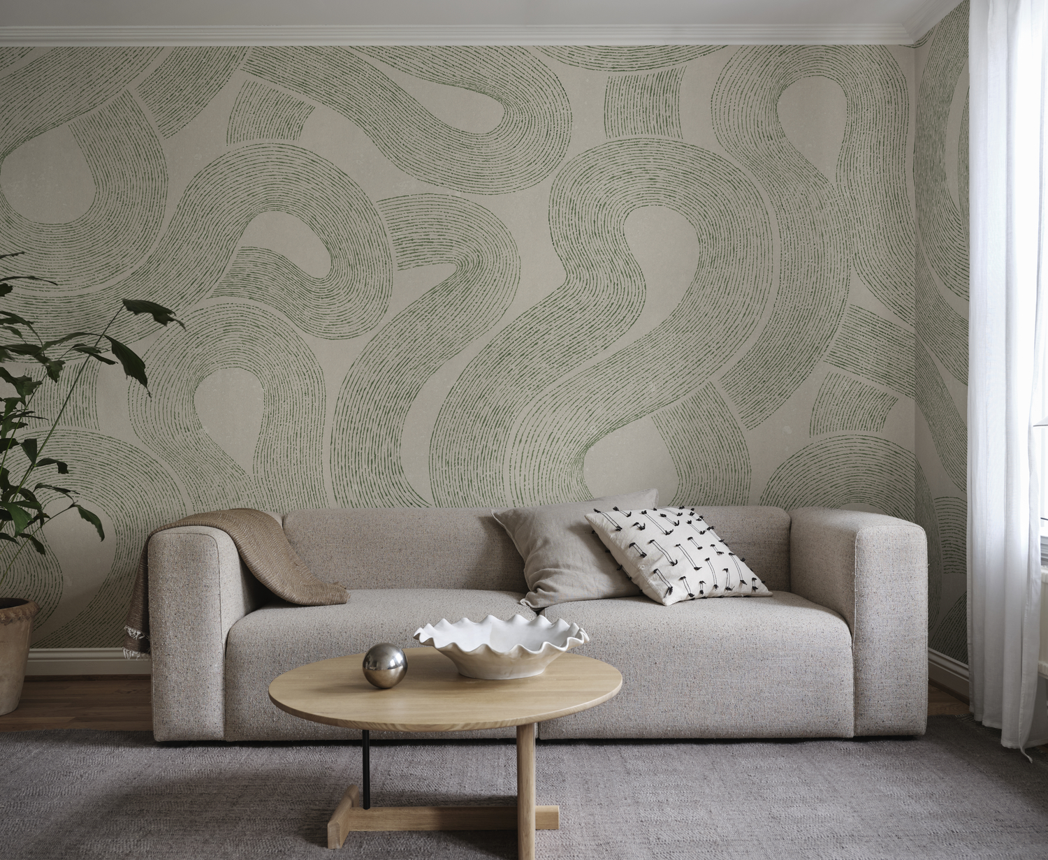 Zen Abstract Mural Wallpaper bringing artistic elegance to a hallway with abstract art wallpaper and calming organic forms.