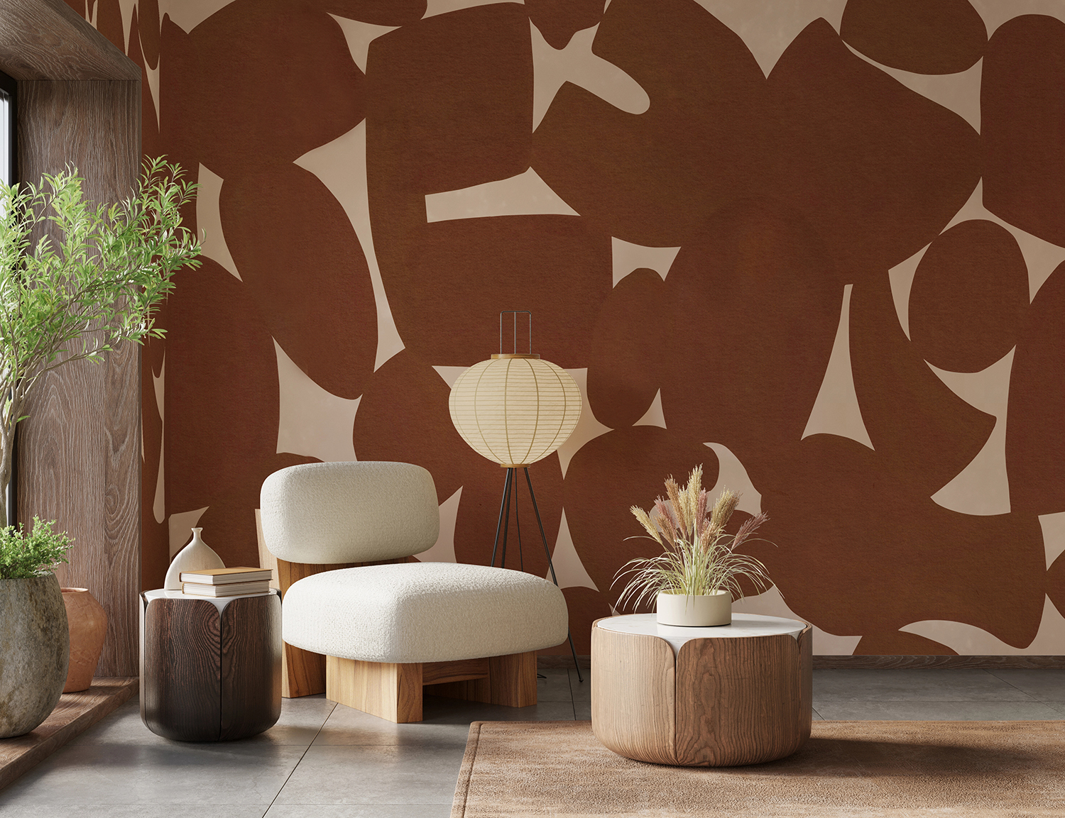 Pebble Form Abstract Mural Wallpaper in Terracotta in Living Room