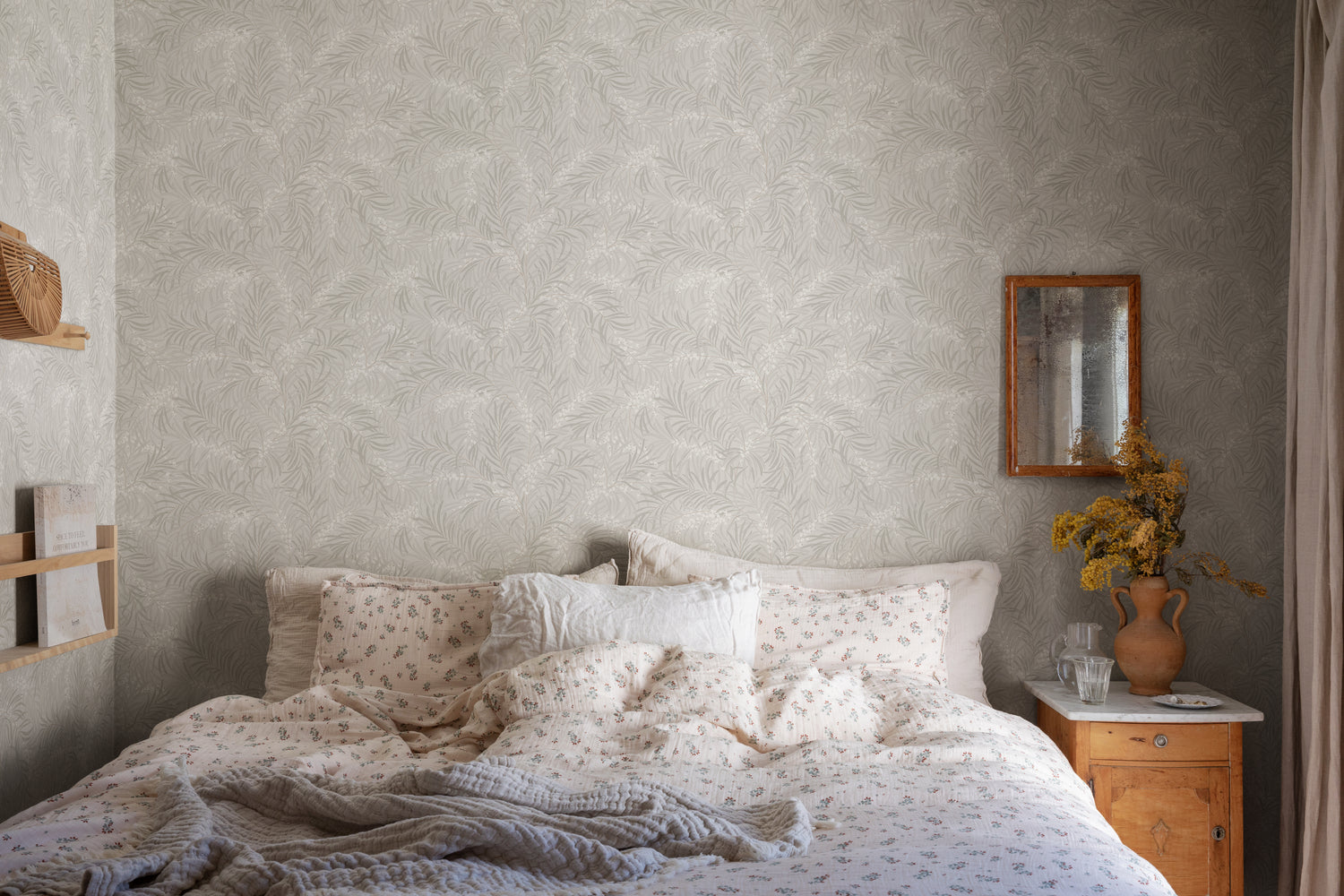 Idun Nature Pattern Wallpaper in Grey in a Calming Bedroom