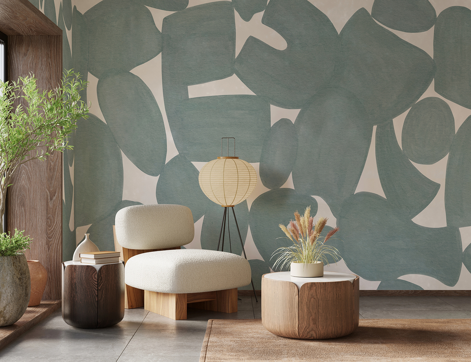 Pebble Form Blue Abstract Mural Wallpaper in Living Room with Boucle Armchair and wooden coffee table