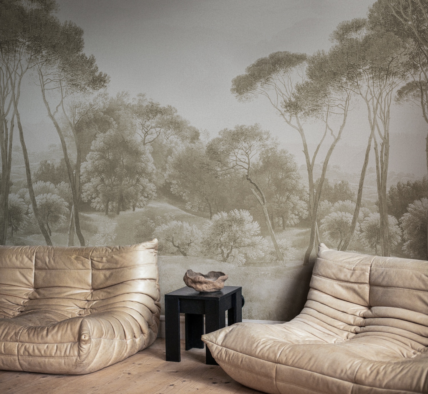 Pine Wood Forest Mural Wallpaper showcasing an elegant tree mural wallpaper in a contemporary living room
