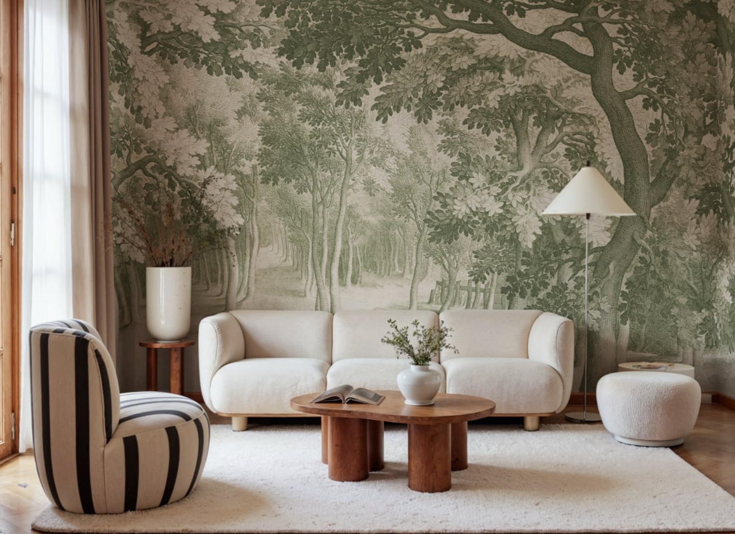 Forest Engraving Woodland Mural Wallpaper in Green in Living Room with Cream and Wooden Home Decor
