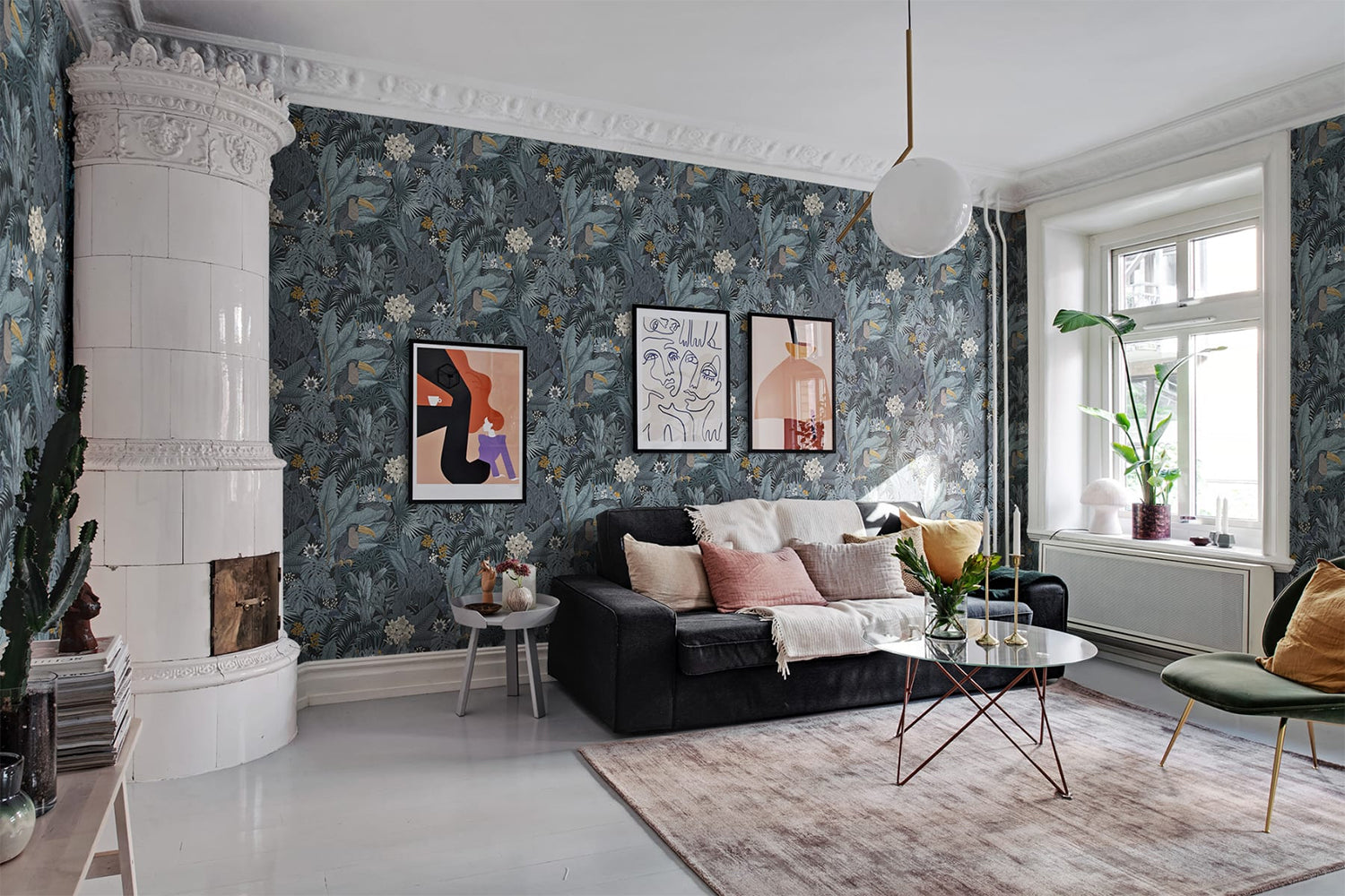 Dark Floral Toucan Pattern Wallpaper in Living Room