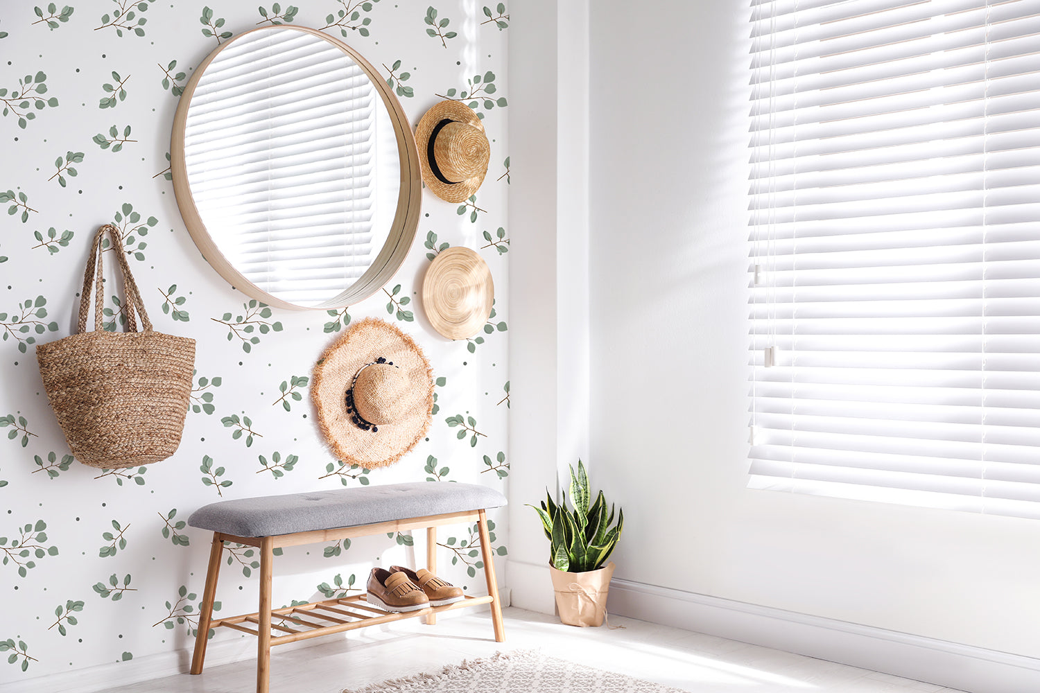 Eucalyptus Leaf Pattern Wallpaper in Mudroom