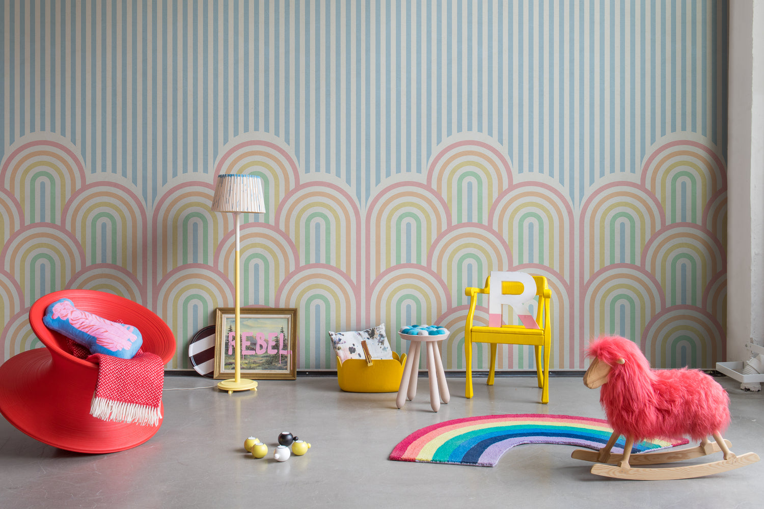 On the Dunes geometric colourful wallpaper with soft arches in a modern interior