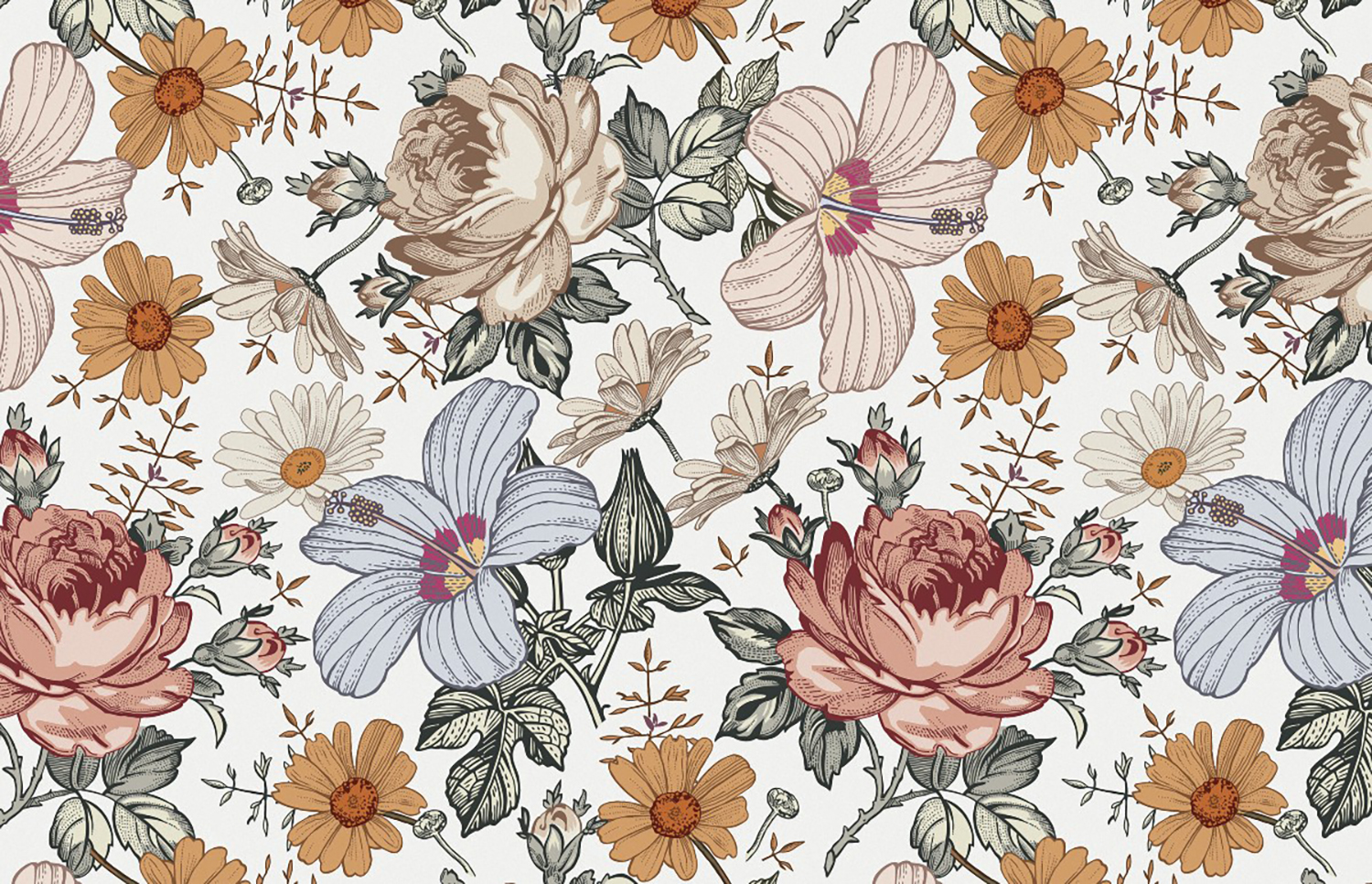 Adora, Vintage Floral Mural Wallpaper in White close up