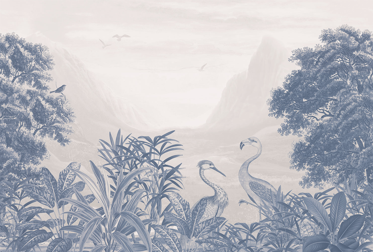 Verdant Oasis, Animals Mural Wallpaper in blue colourway close up