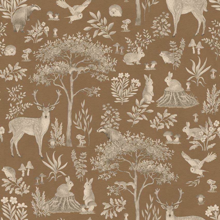 Fantastic Forest, Pattern Wallpaper in Vintage Brown closeup