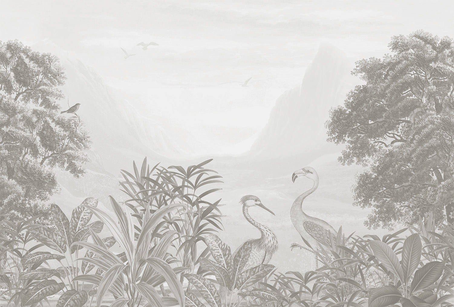 Verdant Oasis, Animals Mural Wallpaper in silvertone colourway