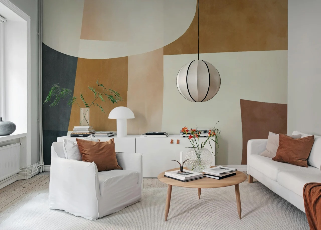 Soft Contours, Abstract Mural Wallpaper featured in small living room, styled with white line sofas in Scandinavian room theme.