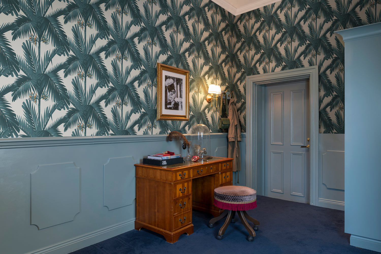 Palm Spring Tropical Pattern Wallpaper in Turquoise in Hallway 