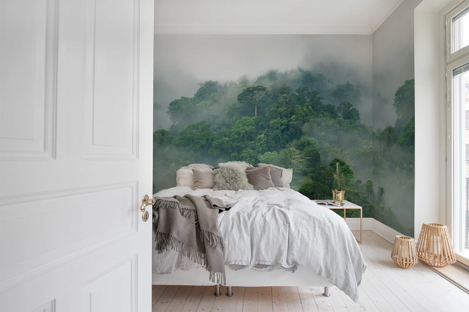 Misty Jungle Landscape Panoramic Mural Wallpaper in Bedroom