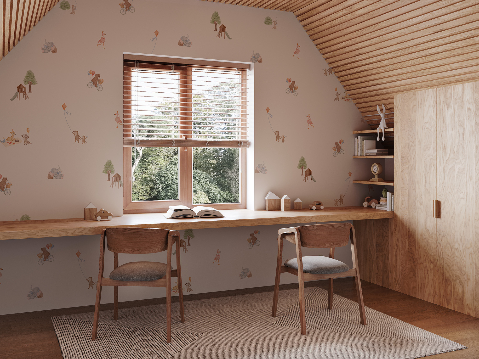 Cute pattern wallpaper featuring animals playing in a playground in a farmhouse-inspired kid's room