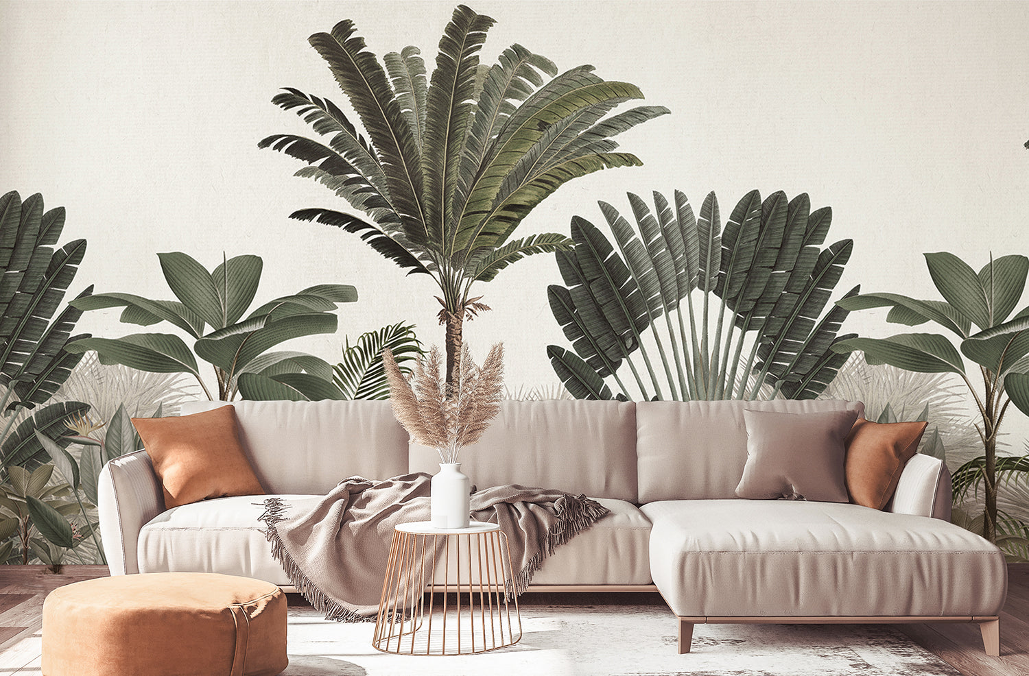 Palm Paradise, Tropical Mural Wallpaper featured in tropical theme living room