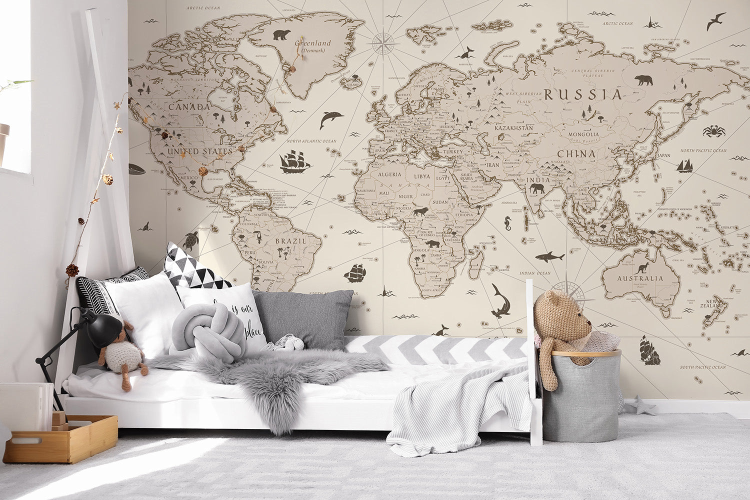 Cream Atlas wallpaper in a kids bedroom