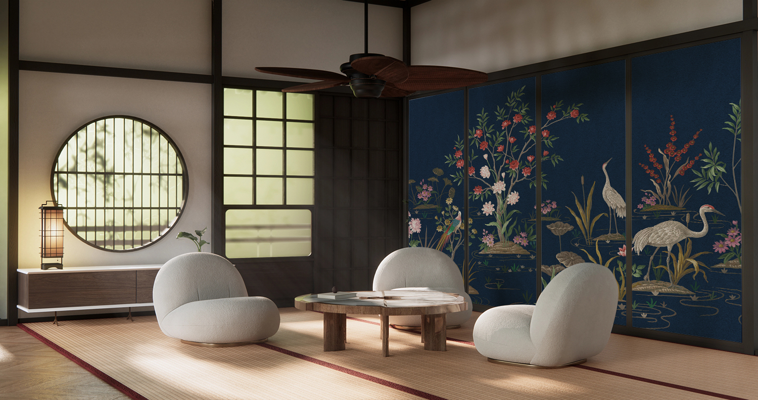 Oriental Crane Garden navy blue living room wallpaper inspired by Japanese design and tranquil nature scenes