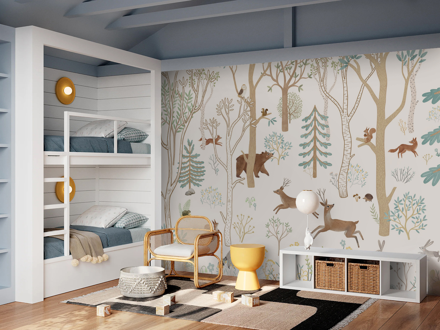 woodland wallpaper in kid's room with forest animal mural design