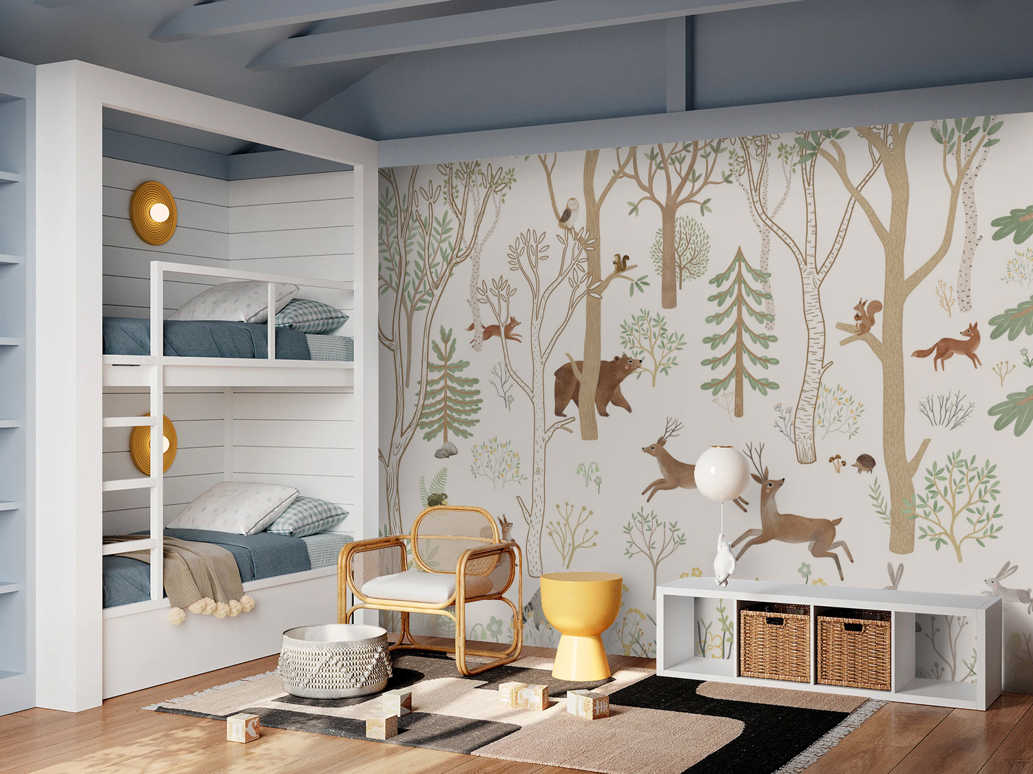 Woodland wallpaper with deer, foxes, bears, rabbits and forest animals in a Scandinavian-inspired mural