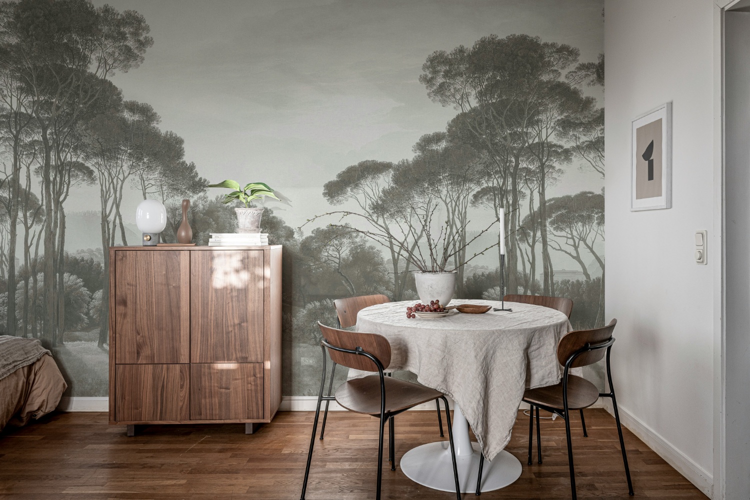 Pine Wood Forest Mural Wallpaper showcasing an elegant tree mural wallpaper in a contemporary dining room