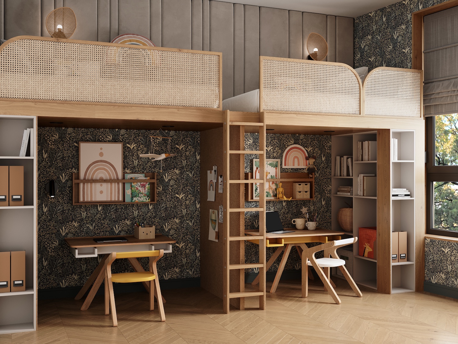 Kid’s room with dark pattern wallpaper featuring subtle grey botanical foliage