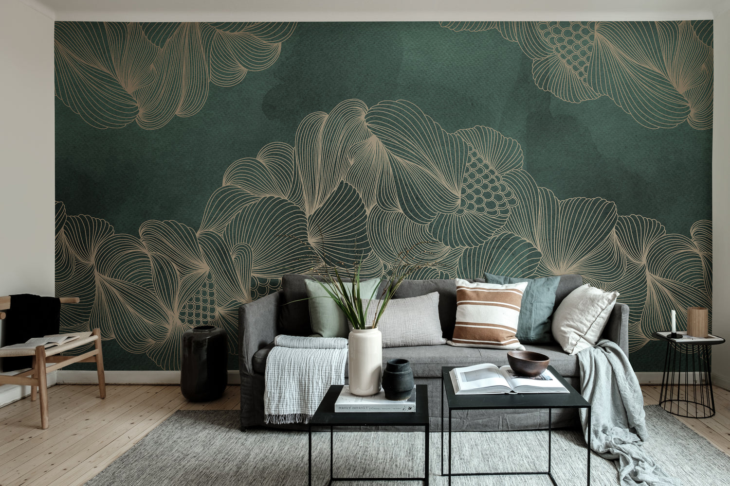Wallpaper mural living room with luxurious gold-accented mural design