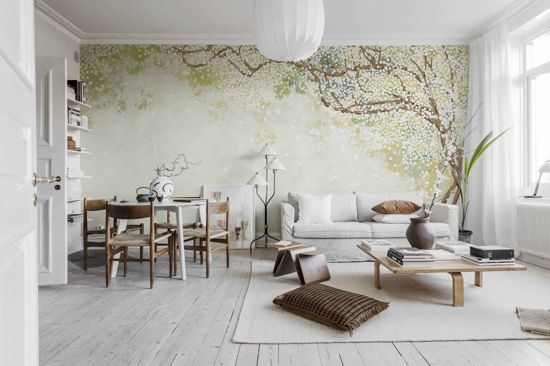 Spring Tree Green Floral Mural Wallpaper in Living Room with Dining Area
