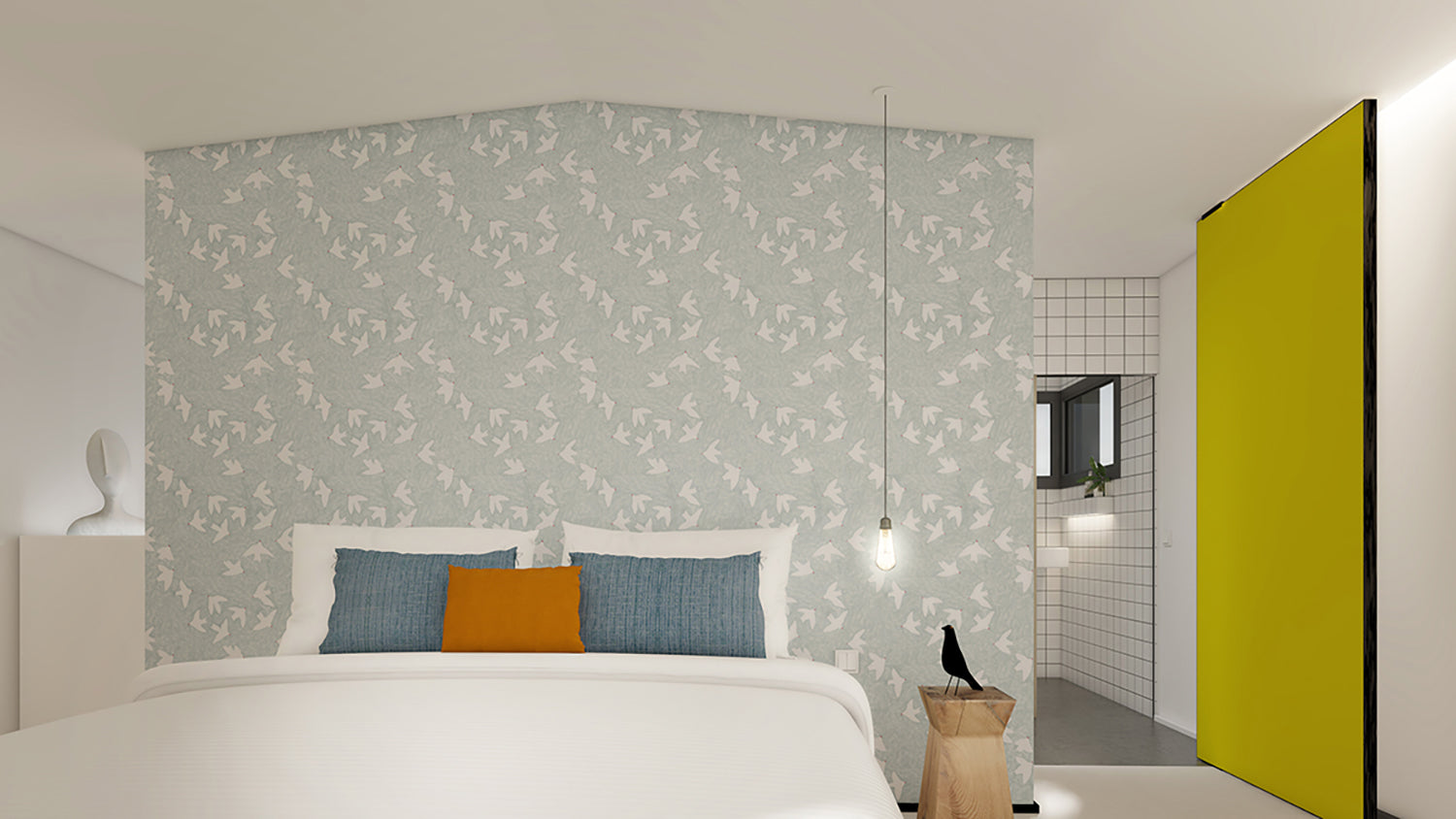 Flight Swallow Blue and White Pattern Wallpaper in Bedroom