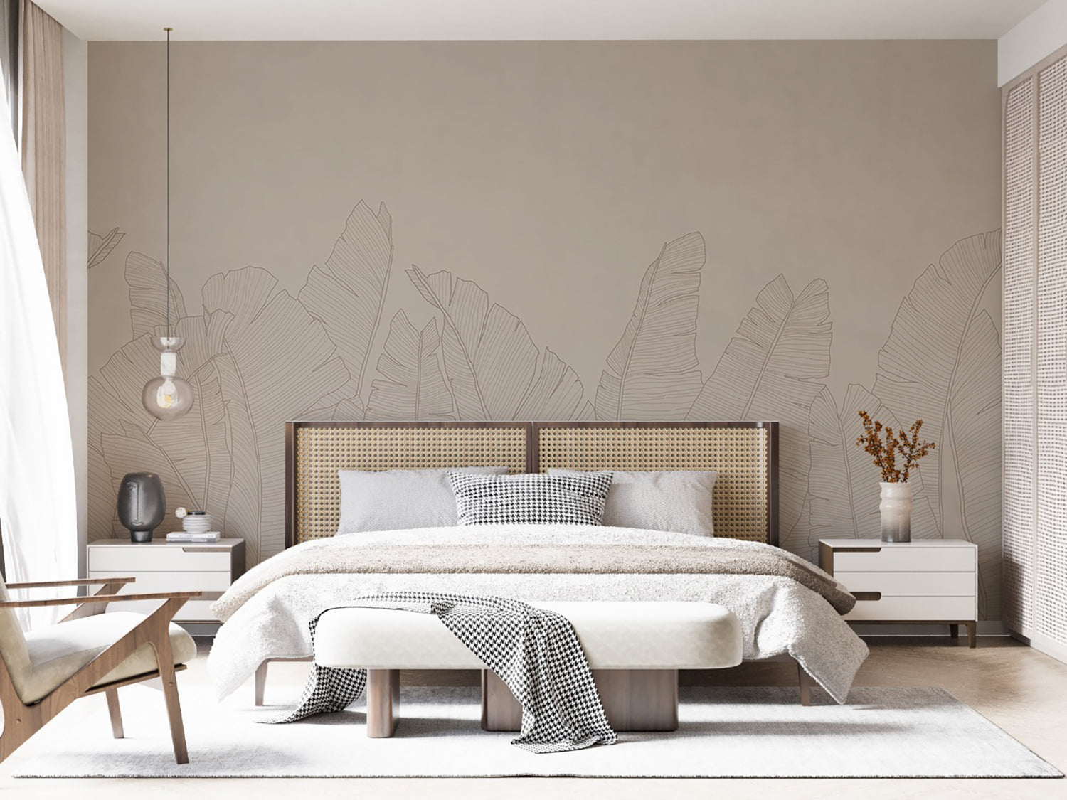 Banana Foliage, Tropical Mural Wallpaper in Light Brown in Bedroom