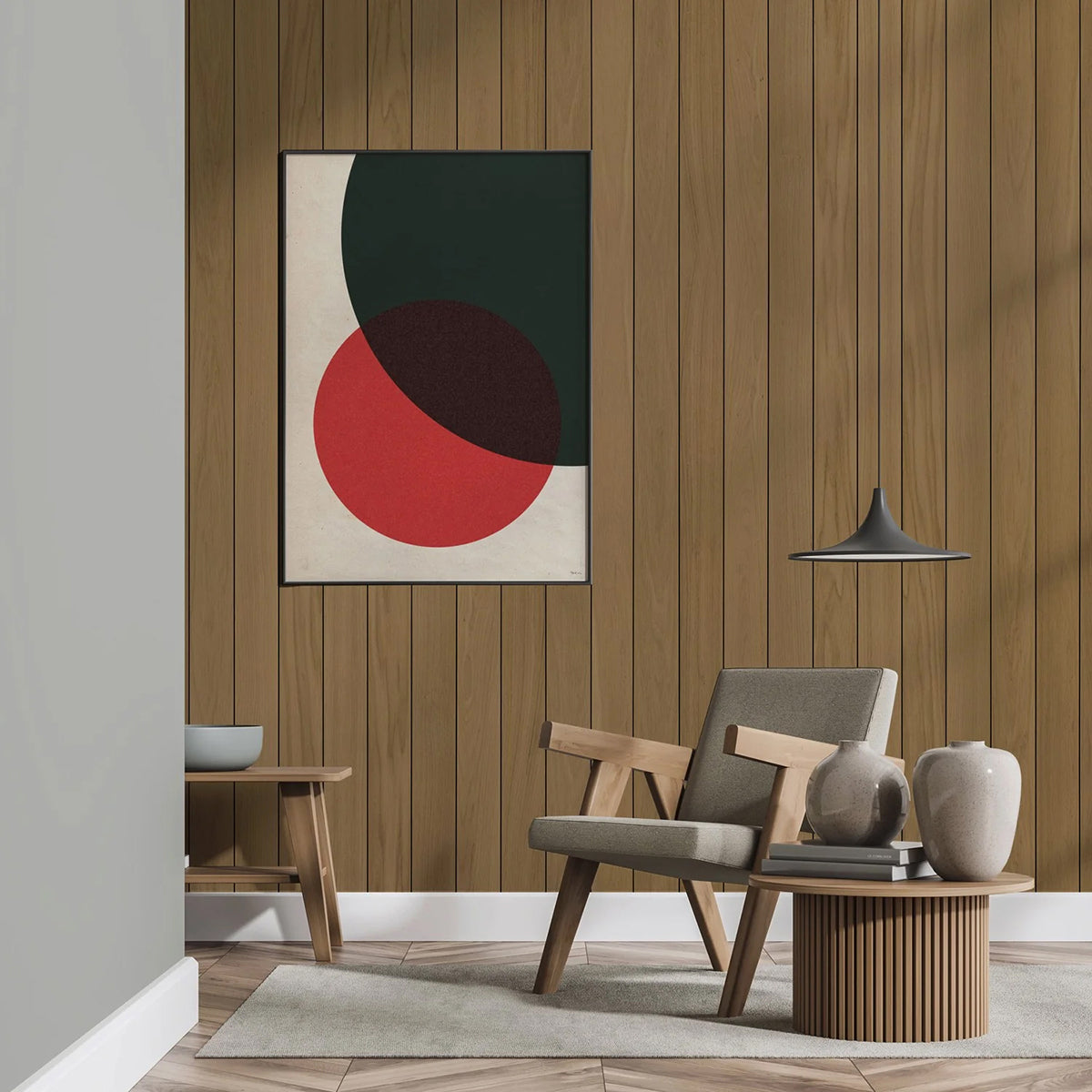 Hardwood Panels, Striped Wallpaper featured in small front room area