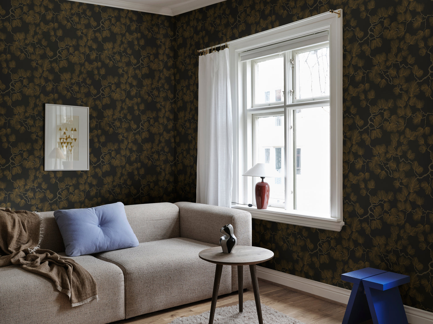 Pine Pattern Dark Moody Wallpaper in Black in Cosy Living Room