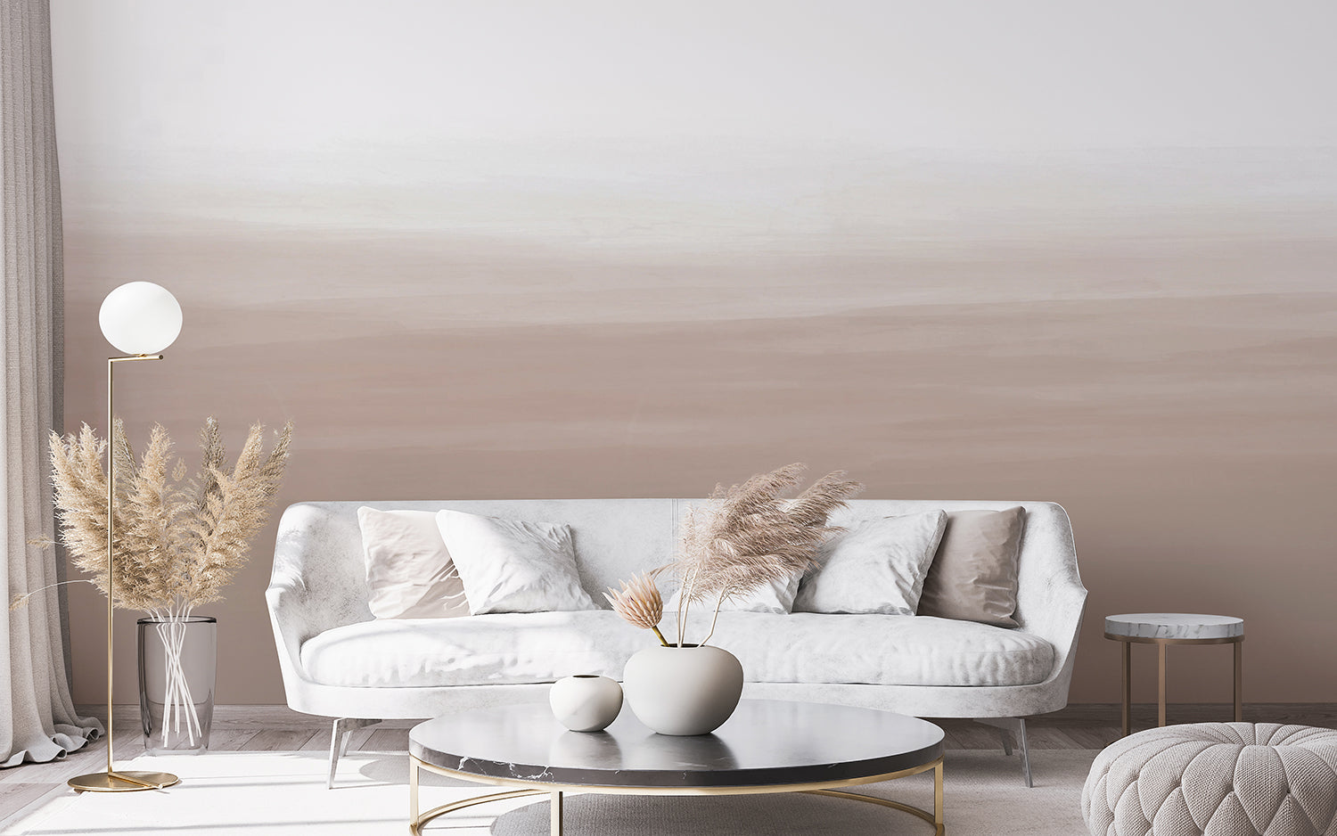 Gradient Ombre Mural Wallpaper in Nude Brown in Living Room with White Sofa