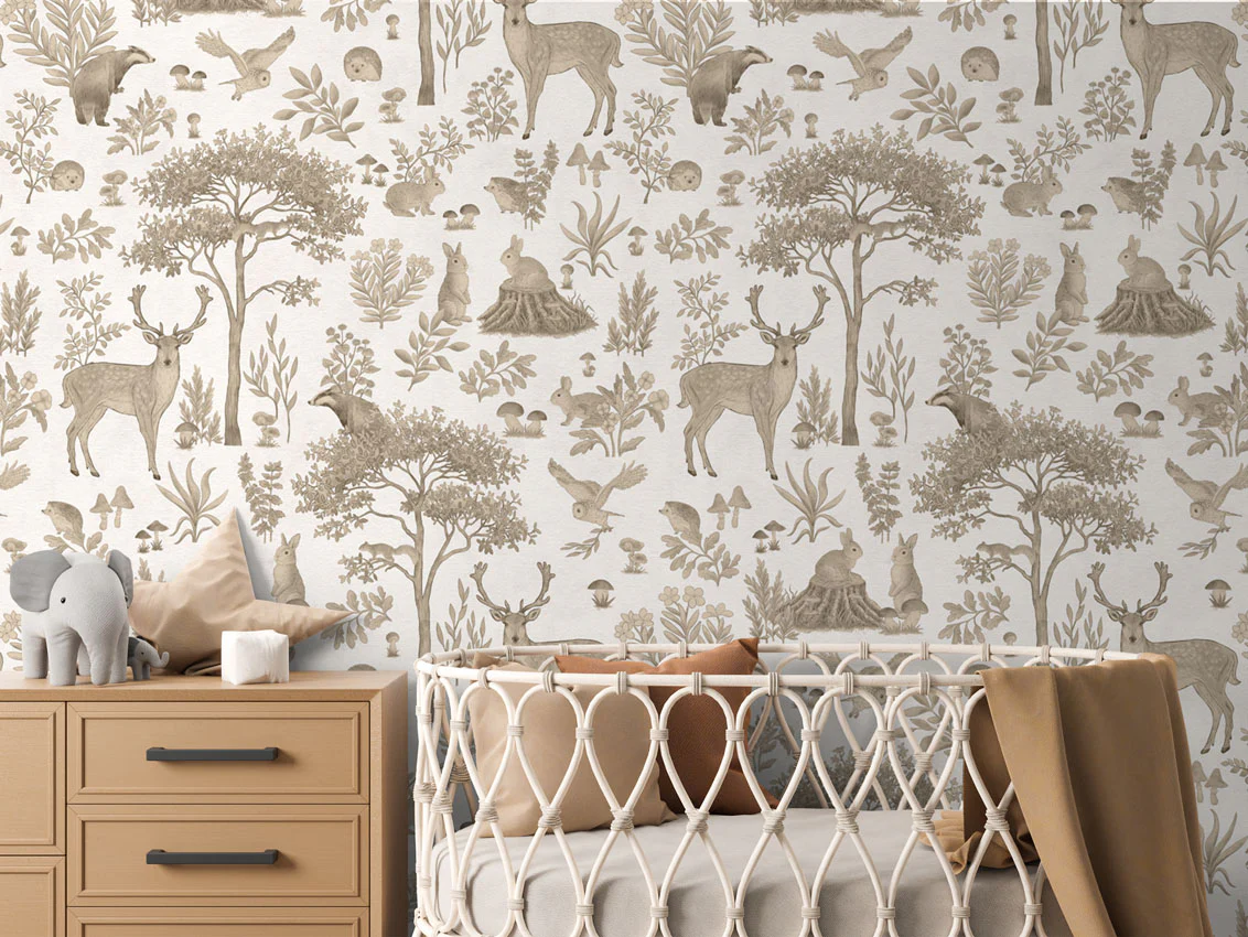 Fantastic Forest, Animal Pattern Wallpaper installed in nursery room decorated with light wood colour furniture and baby crip in white-beige colour