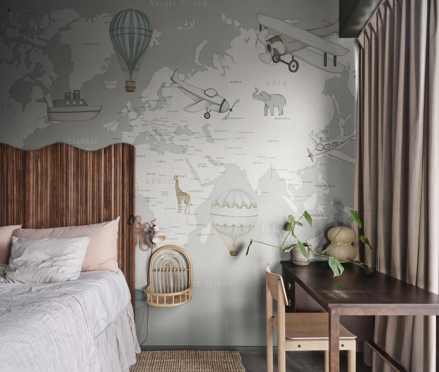 Playful World, Map Mural Wallpaper featured in boy's bedroom, styled with natural wood furniture.