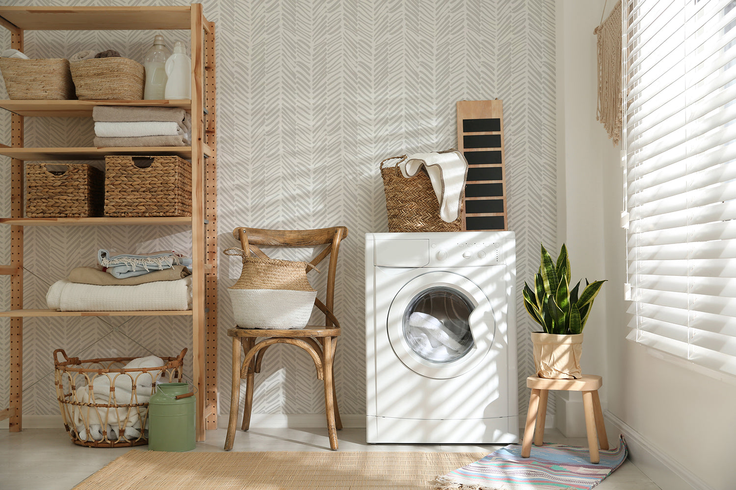 Herringbone by Sophie, Pattern Wallpaper featured in laundry room behind the wooden racks and washing machine