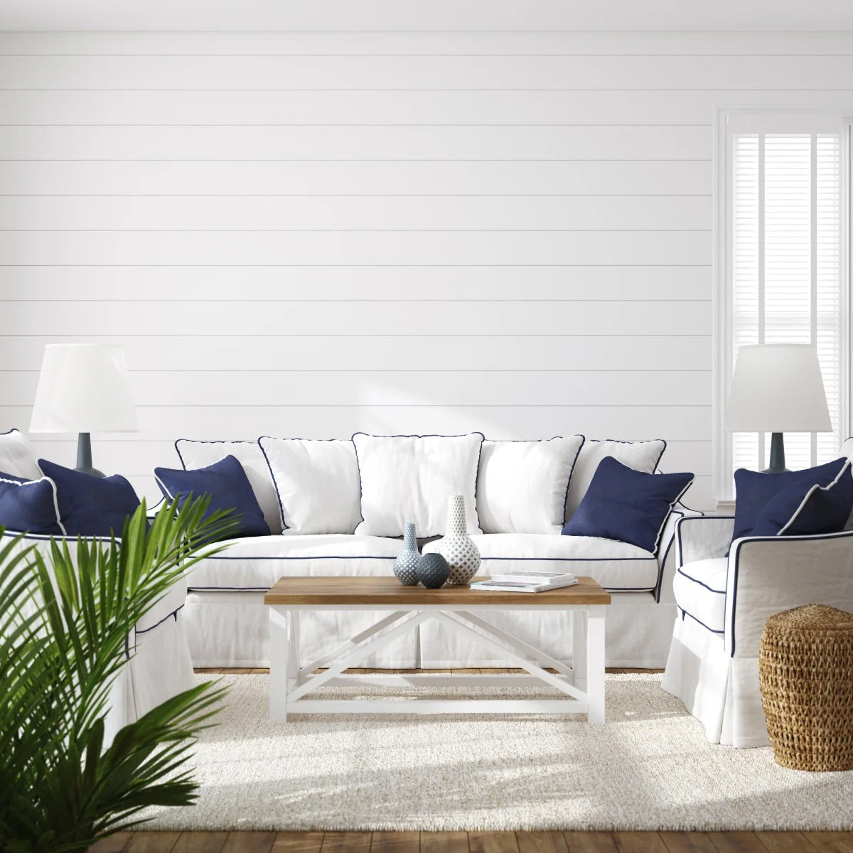 Seaside wallpaper with horizontal shiplap striped panelling in a bright coastal room