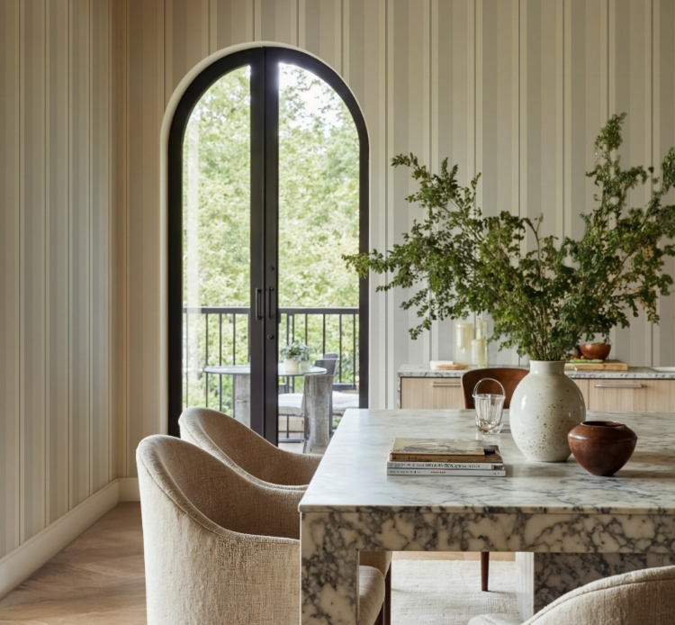 Grey border stripe wallpaper in a dining room styled in modern mediteranean style 