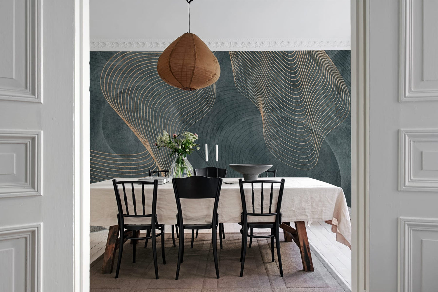 Affluence, Sapphire Mural Artistic Wallpaper featured in the living room as the accent wall and decorated with rustic dining table set