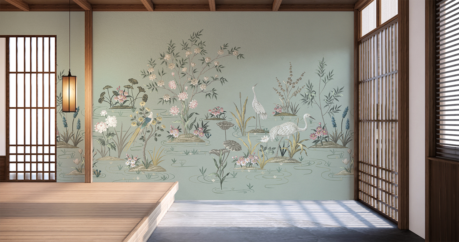 Light green wallpaper mural with oriental cranes and botanical garden design in an entryway