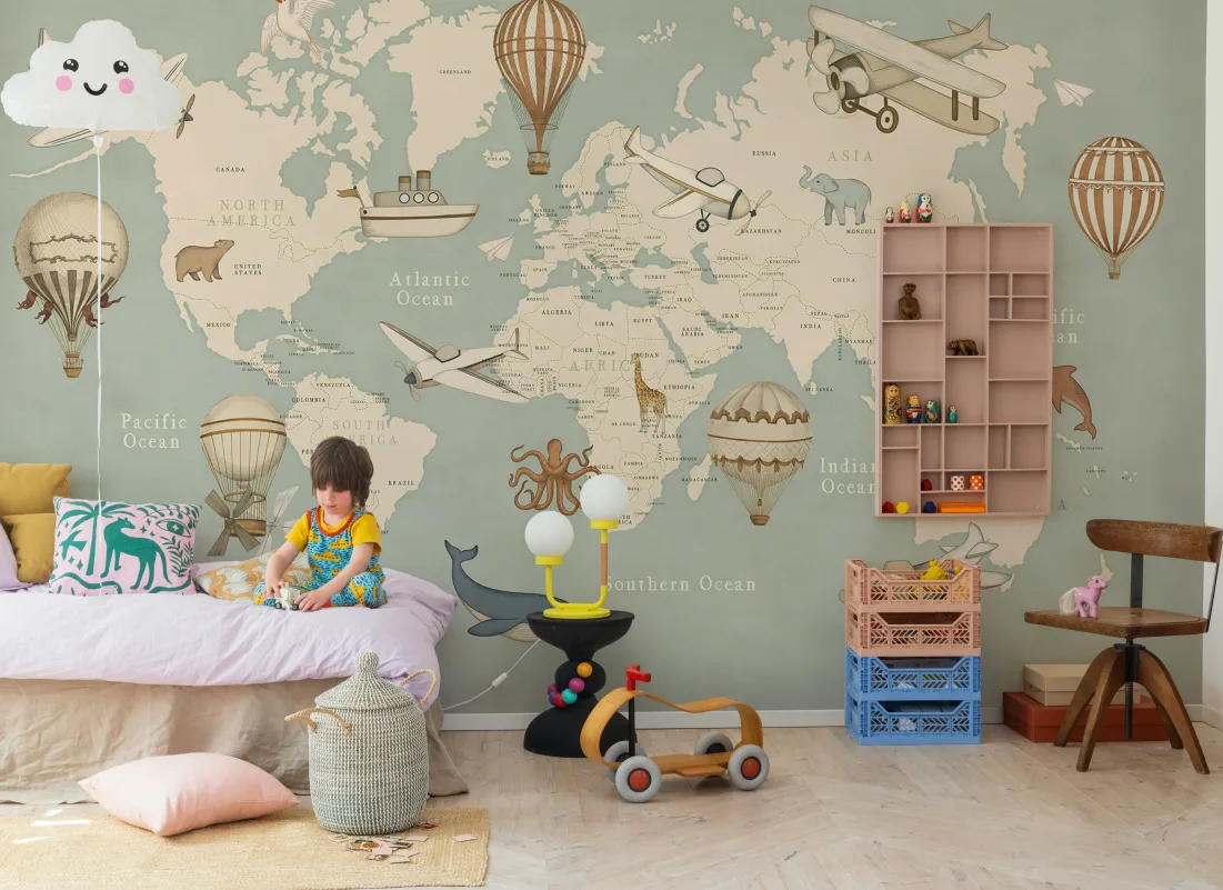 fun kids wallpaper featuring illustrated world map with animals and travel elements