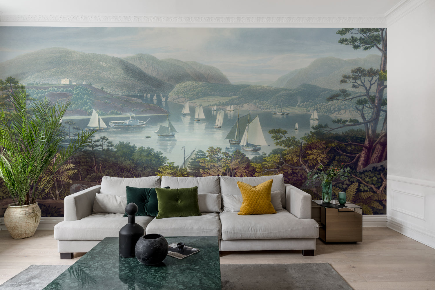 Scenic wallpaper with sailboats gently gliding across a serene lake, framed by majestic mountains design