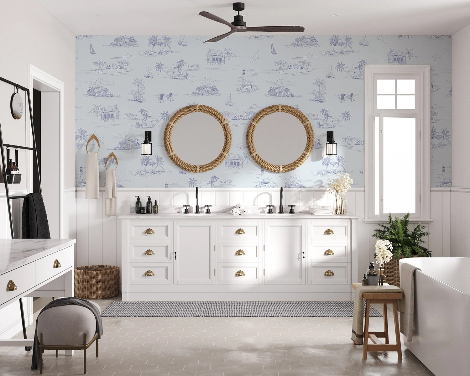 Coastal Shorelines beachy wallpaper in light blue bathroom featuring nautical palm trees, sailboats, and lighthouses for a serene seaside style