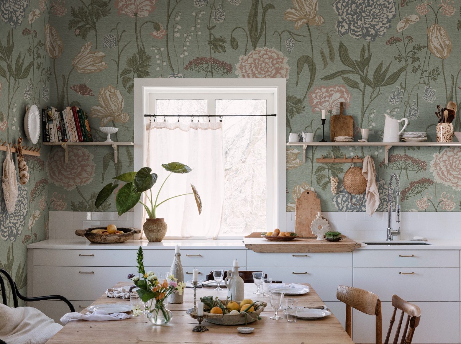 Pastel floral wallpaper featuring the Aurelia Floral Mural Wallpaper in a serene kitchen area with soft botanical blooms and neutral décor.