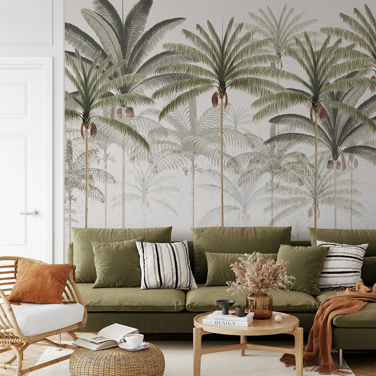 Rainforest Vintage, Mural Wallpaper featured in earth tone theme living room 