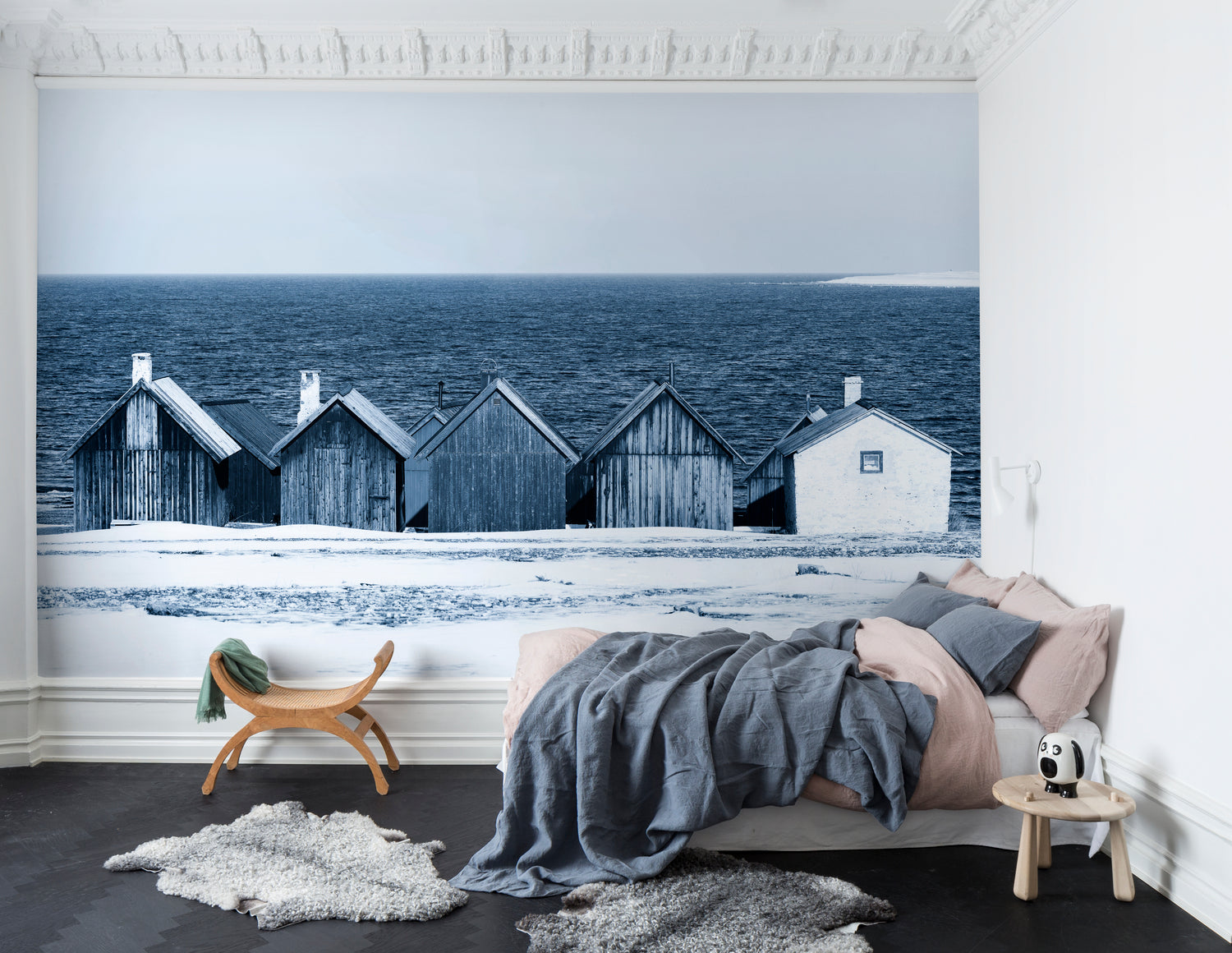 Boathouse Landscape Mural Wallpaper in blue in bedroom
