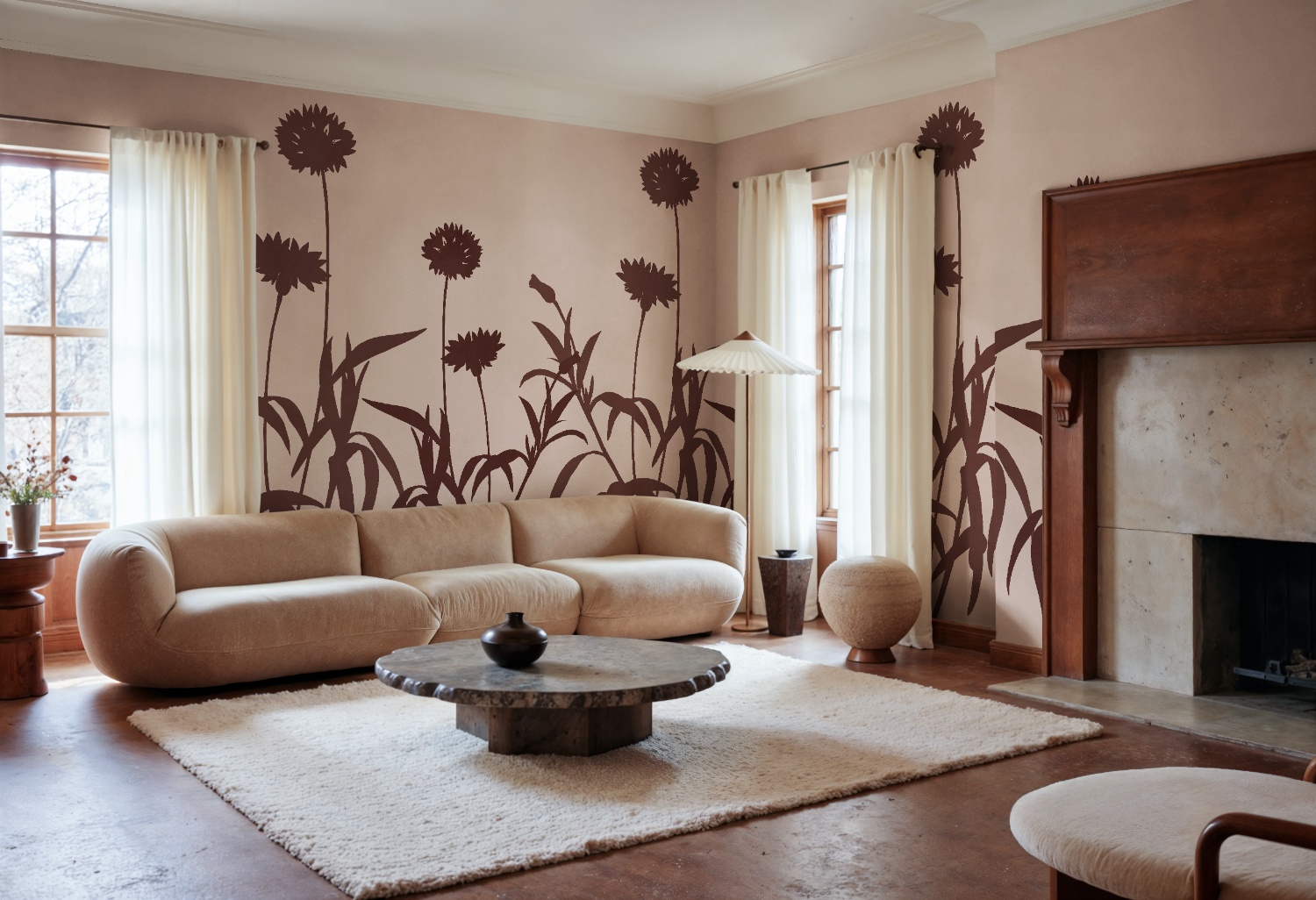Pink floral wallpaper for walls in a contemporary living room featuring the Floral Silhouette Mural Wallpaper with elegant pink floral artwork.