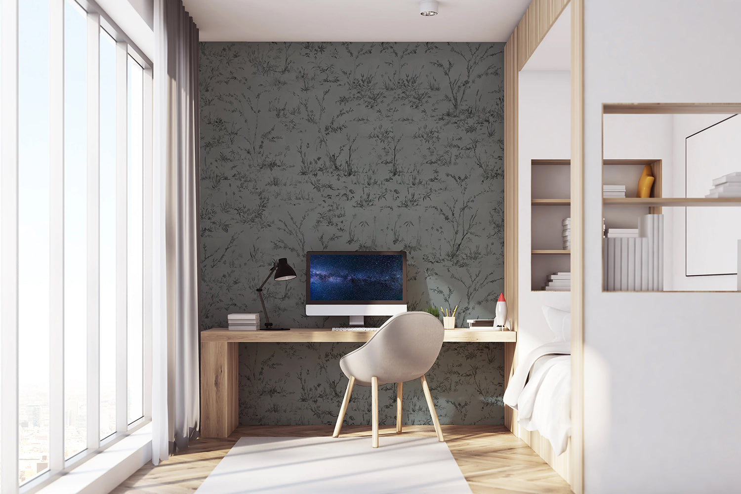 Dark grey floral wallpaper creating a calm and elegant bedroom retreat