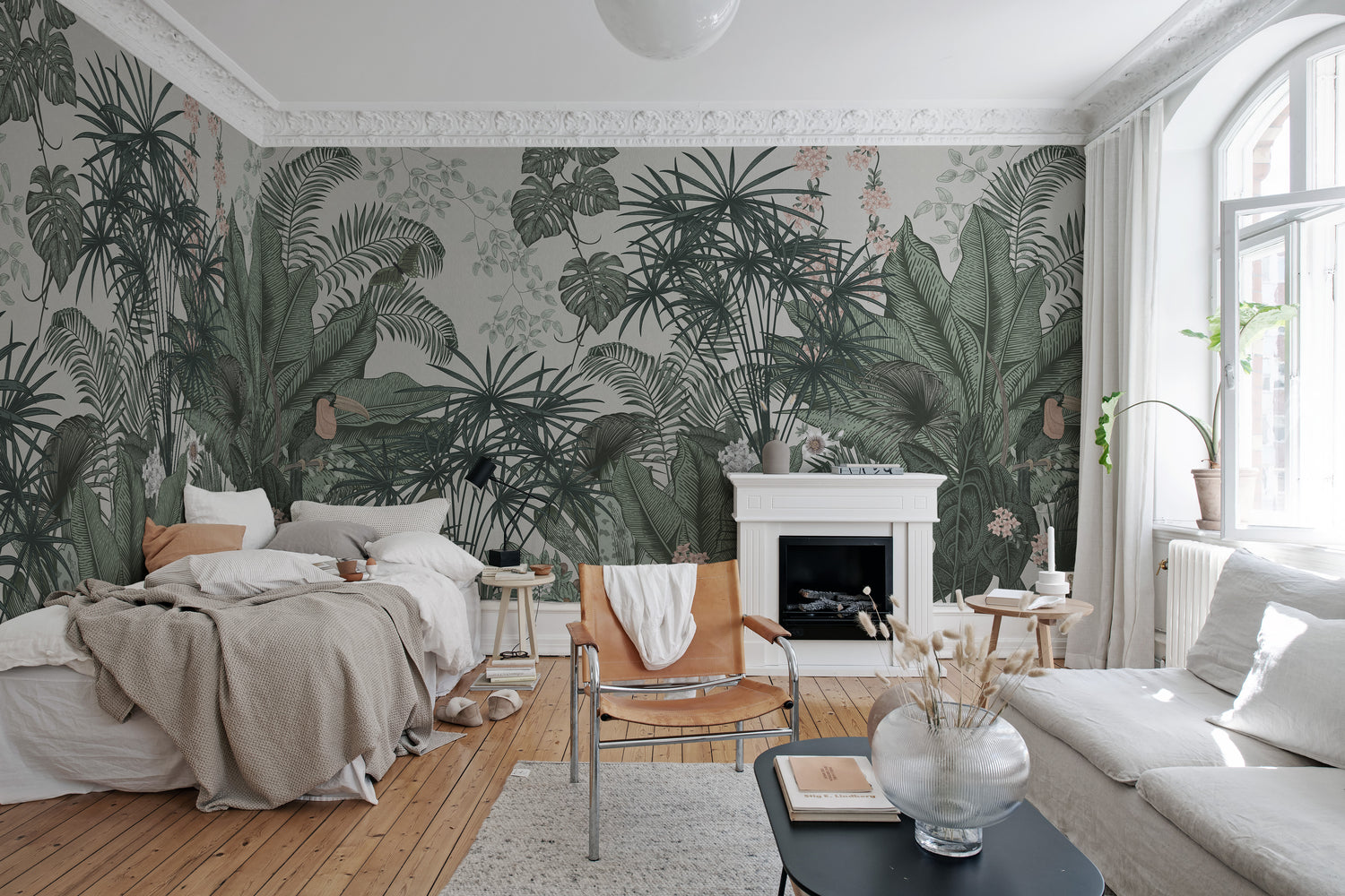 Big Furada Tropical Mural Wallpaper with Plant in White in Living Room